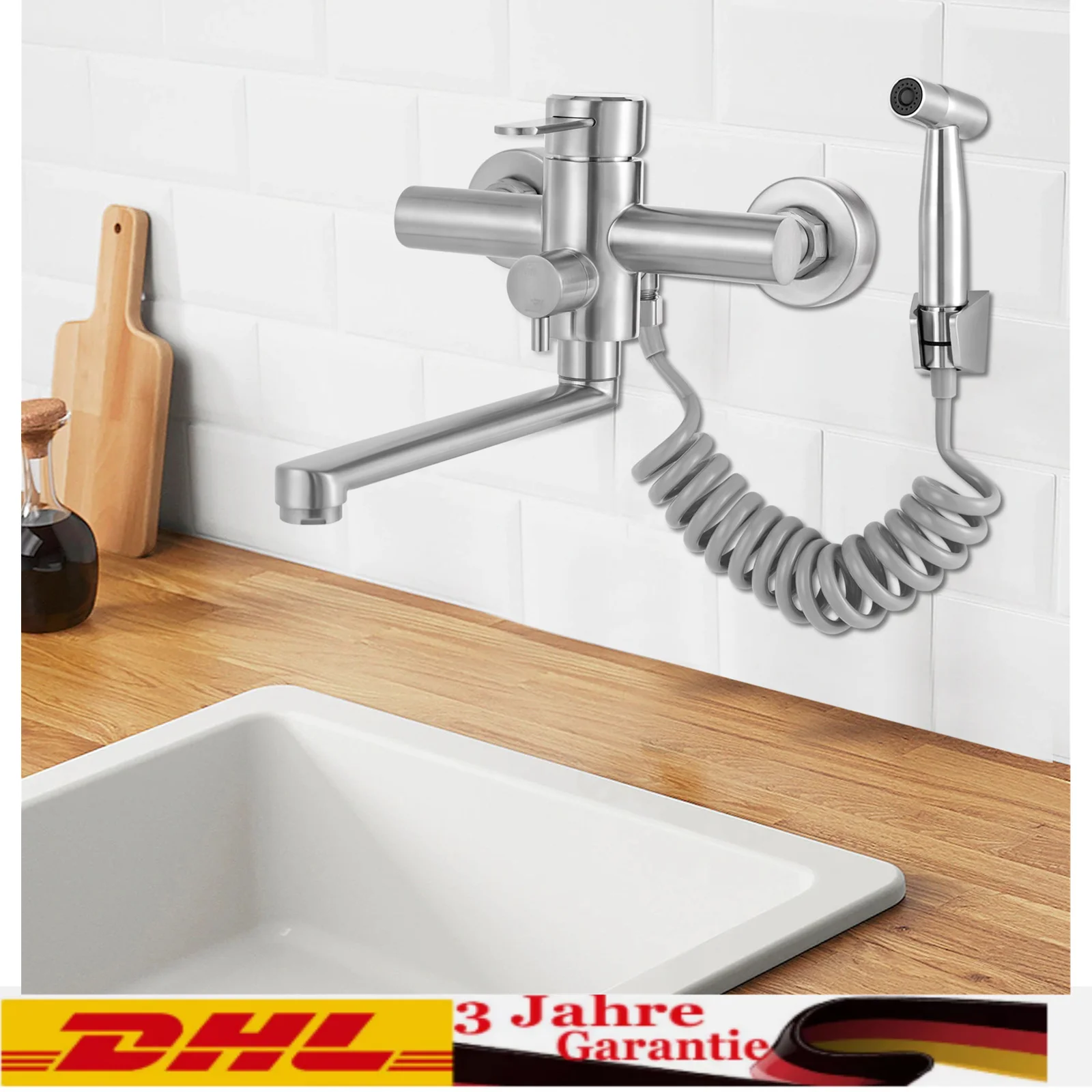 Wall Mounted Tap with Spray Gun and 2 Water Jet Types 360° Rotatable Brushed Stainless Steel, Sink Mixer Tap for Kitchen Tap