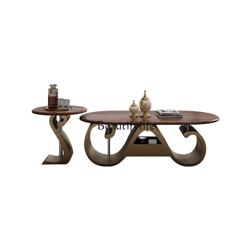 

*Italian light luxury modern simple walnut original solid wood retro coffee table combination