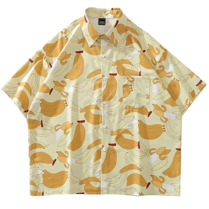 Hip Hop Funny Creative Banana Graphic Shirts Mens Oversized Loose Beach Blouse Half Sleeve Turndown Collar Camisas Harajuku Tops