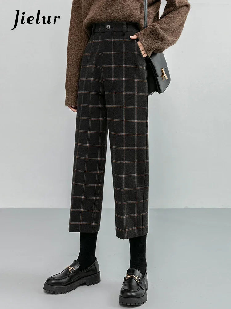 

Jielur Winter Vintage Plaid Slim Fashion Female Pants Loose Spell Color Chic Zipper Pockets Simple Women's Pants Office Ladies