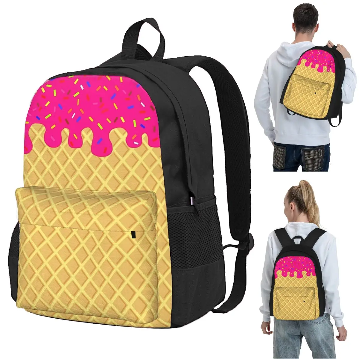 STRAWBERRY Ice Cream Waffle Cone Backpack Student BookBag Kids School Bag Computer Shoulder Bags for Men Women