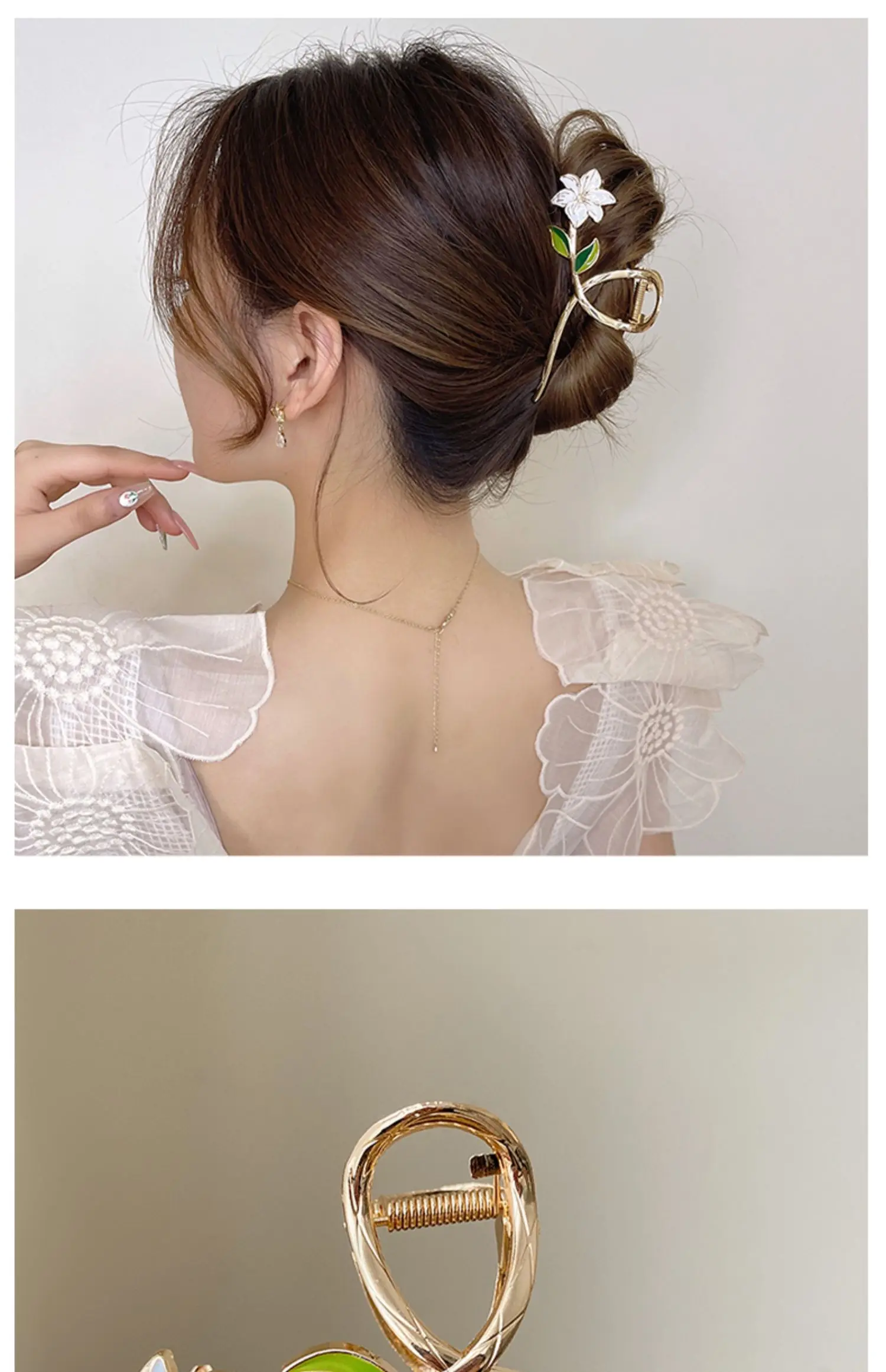 Neue Damen-Haarspange aus Metall, elegante goldene Blumen-Haarspangen, Haarklammer, Krabben-Haarband, Pferdeschwanz-Clip, Kopfschmuck, Haaraccessoires, Tiara – Detail 7