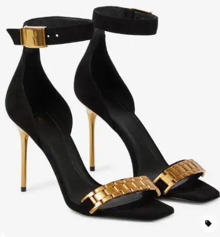 

Carpaton Open Toe Ankle Strap High Heel Shoes Gold Chains Thin Heels Summer Sandals Women Runway Sexy Shoes Black