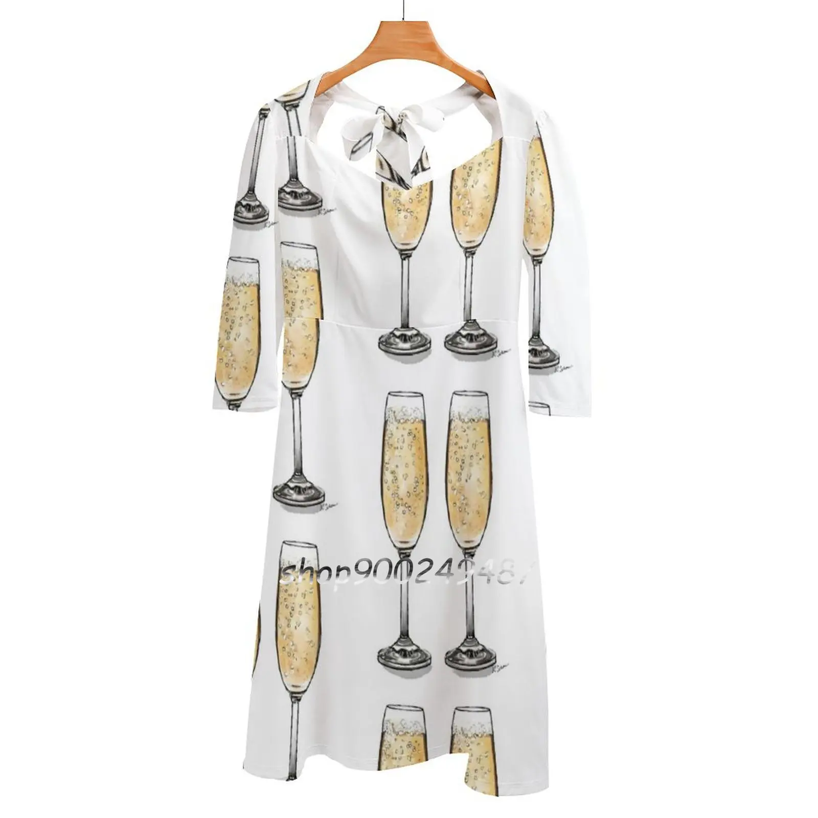 Cheers! Square Neck Dress Cute Loose Print Dresses Elegant Beach Party Dress Champagne Bubbly Cocktails Cava Prosecco Sparkling