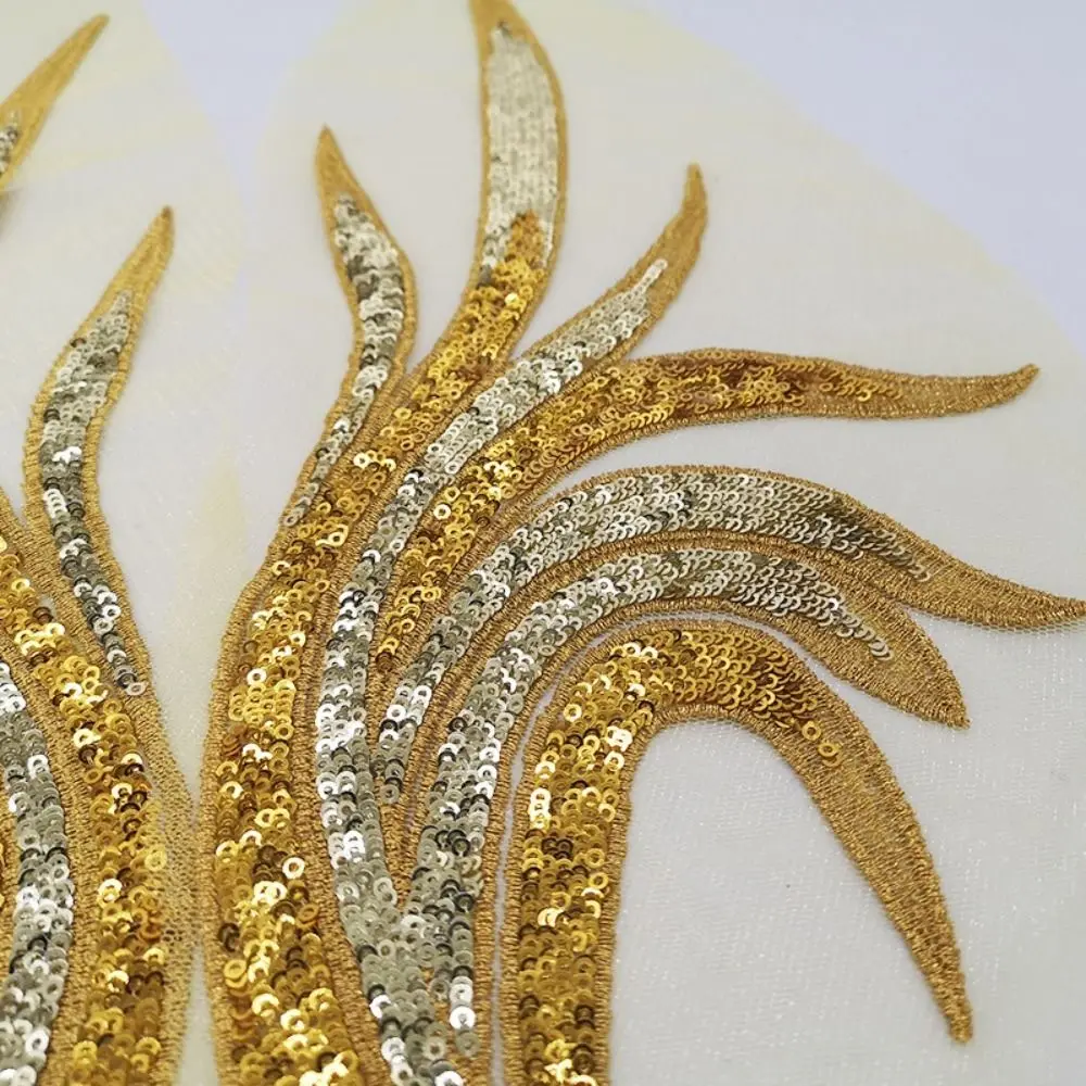 Fashion 14x50cm Sequined Embroidery Patches Royal Blue Gold Lace Fabrics Applique Embroidered Floral Patches DIY Craft