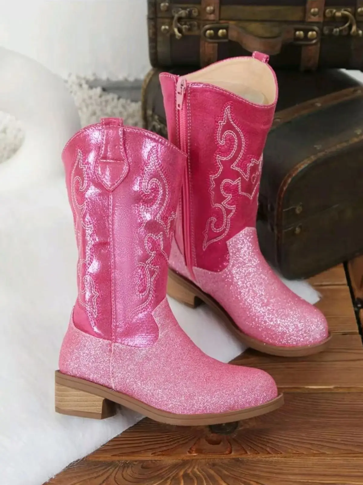 Bottes antidérapantes pour enfants, Rose rouge, motif brodé, fermeture éclair latérale, petits talons, cuissardes hautes, adaptées à un usage quotidien, hiver