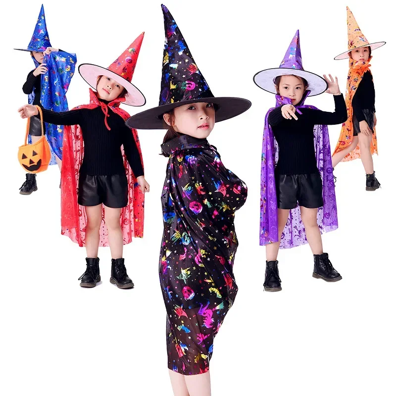 Mädchen Kinder Hexe Zauberer Umhang Cape Top spitzen Hut Set Party Zauberstäbe Kinder Jungen Magier Kostüm Cosplay Halloween