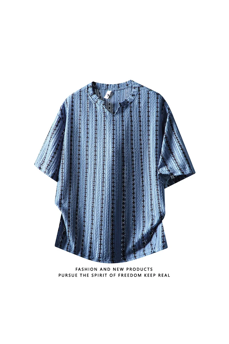 2026 Summer Men's Short-Sleeved American Check Open-Weave V-Neck T-Shirt