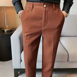 Smart Casual Simplicity Summer Men's Solid Color Waffler Pockets Zipper Suit Pants Trend Versatile Slim Ankle Length Pants