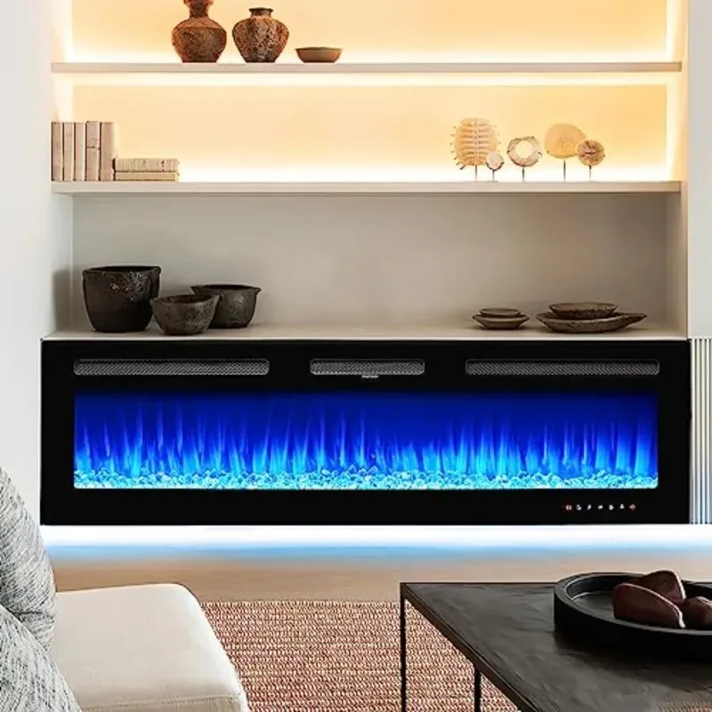 60 inch Wide Recessed and Wall Mounted Electric Fireplace for Modern Living Room or Bedroom 750W 1500W Heating Output with Dual
