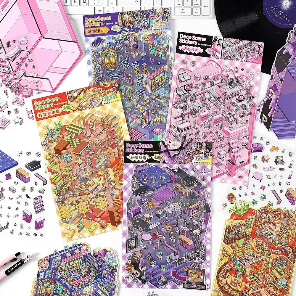 Multicolor 3D Micro Landscape Sticker Today's Business Is Open PET Decorative Scene Sticker Cartoon Pattern Decompression