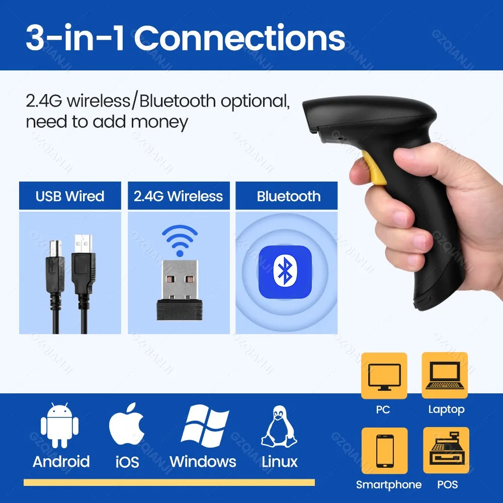 Wireless Buetooth Barcode Portable Scanner Handheld QR Code Wired USB 2D Bar code Reader PDF417 with Base