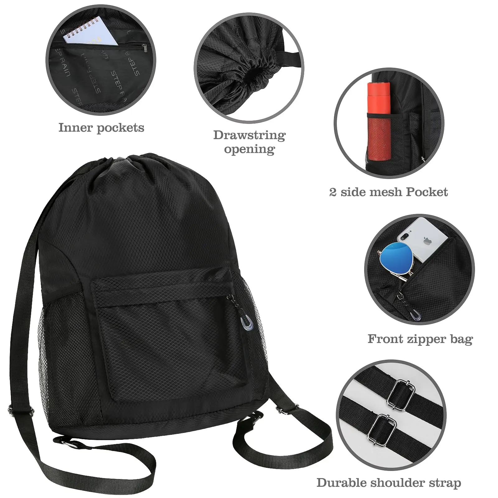 Drawstring Mochila com suporte para garrafa de água e bolsos, impermeável leve, ginásio Sports Cinch Sackpack