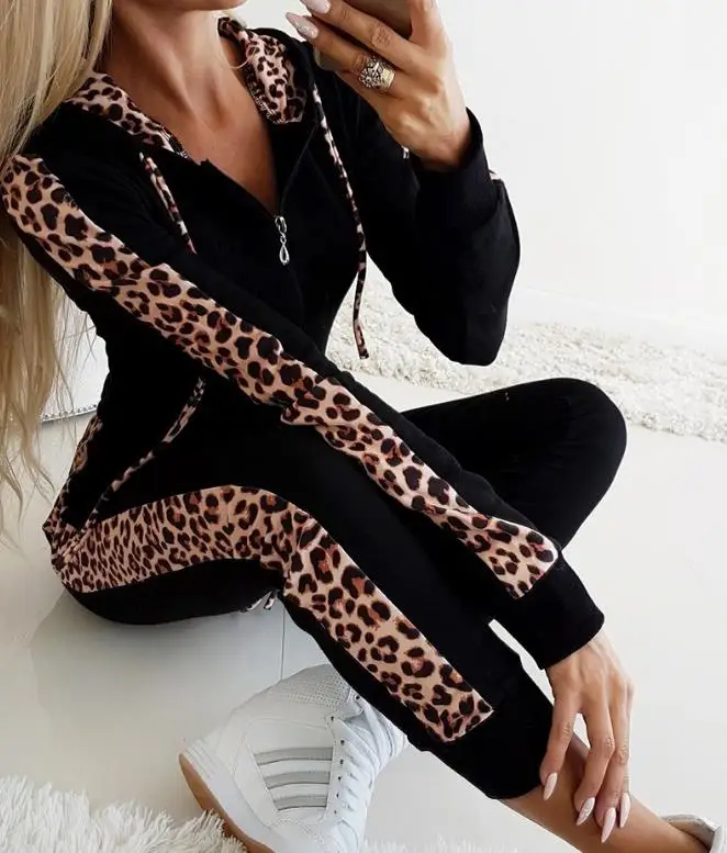 Tracksuit 2 Piece Sets Women Outfit 2023 Autumn/winter New Casual Leopard Print Zipper Design Drawstring Hooded Top & Pants Set