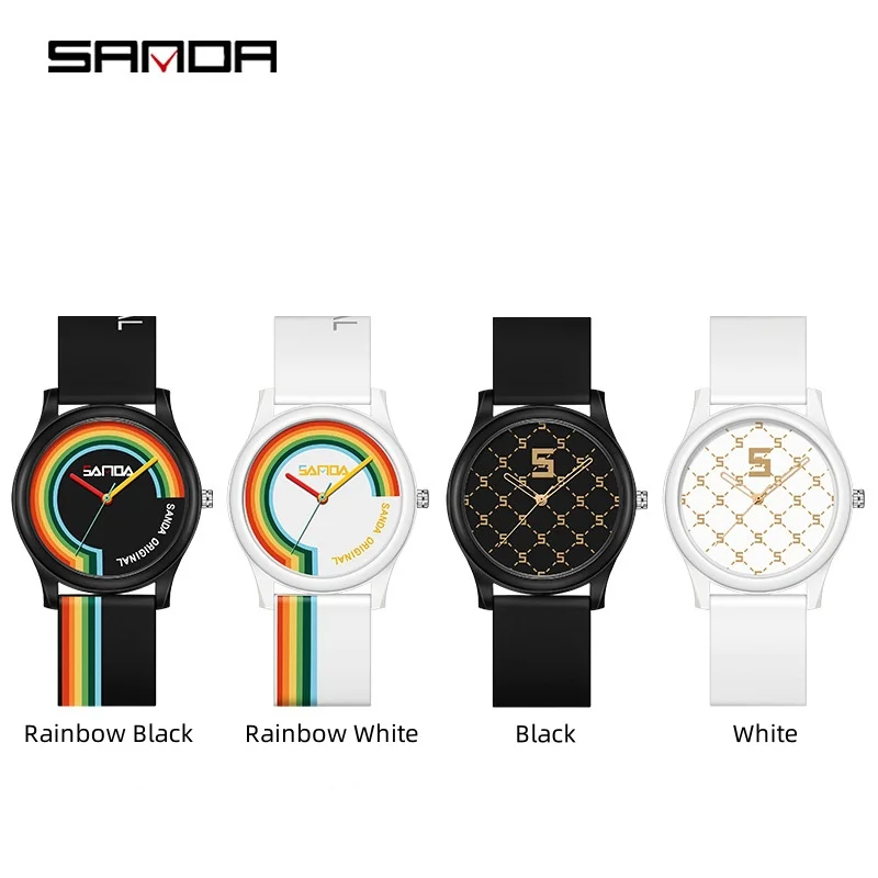 SANDA-reloj de cuarzo para estudiantes, cronógrafo de pulsera con correa de silicona, resistente al agua, creativo, arcoíris, regalo, 3219