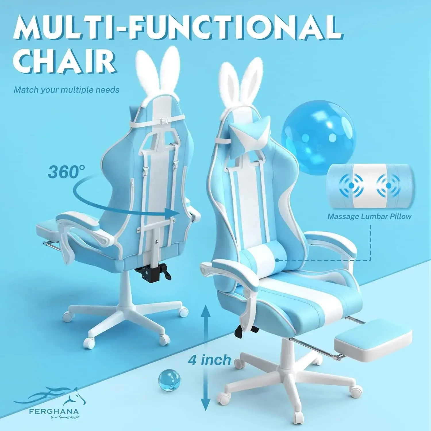 Ferghana Kawaii Silla para juegos azul claro con orejas de conejo, linda silla para jugadores ergonómica con reposapiés y masaje, reclinable de carreras