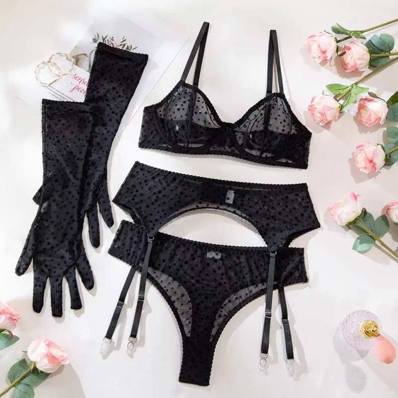 Bikini Sexy Lingerie Polka Dot Flocking Gloves for Women 4 PCs Set
