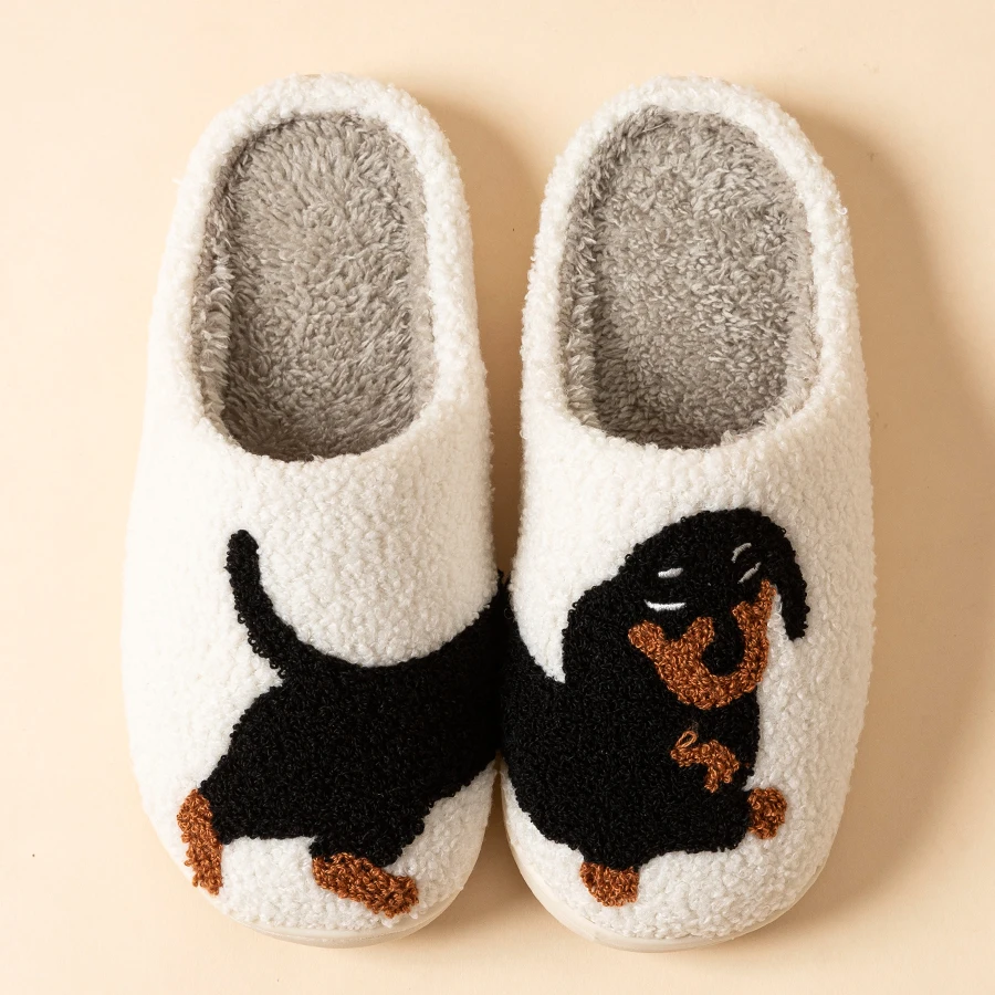 Interesting Women's Slippers Black Dog Pattern Cute Cartoon Winter Indoor Warm Comfy Home Soft Sole Causal Plush Bedroom Shoes