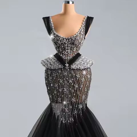 Luxury Black Lace Mermaid Prom Dress Shiny Crystal Beaded Formal Evening Dress Sleeveless Wedding Party Dress Customized