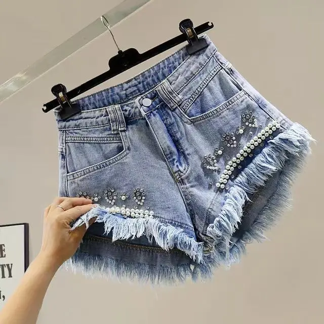 Pink Bead Diamond Irregular Burr Edge Wide Leg A-Word Denim Shorts Hot Pants Women's Korean High Waist Jean Shorts Mujer