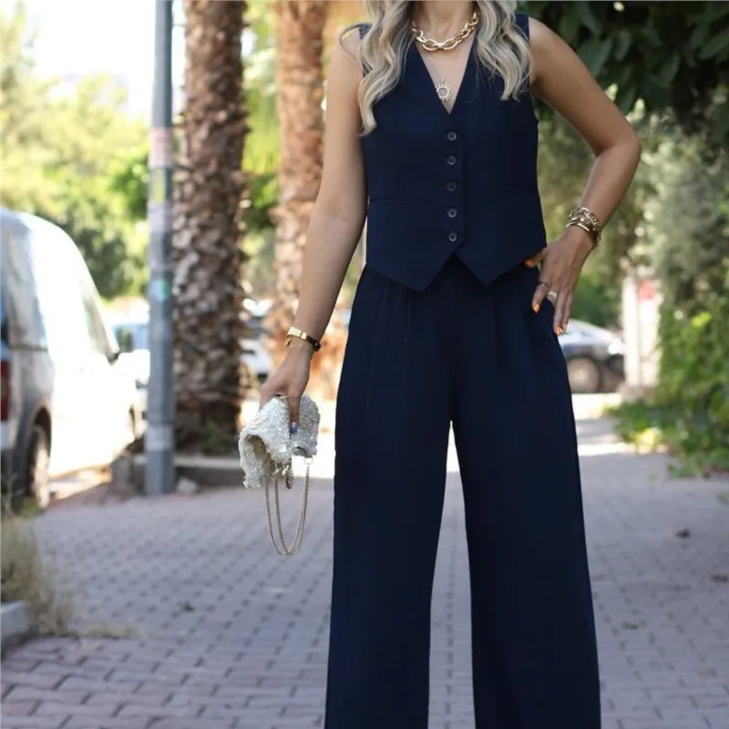 

New Vest Trouser Suit Women's V-neck Vest Slim Fit Tank Top&Hanging Wide Leg Pants Two Pieces Set Trendy Commuter Long Pants Set