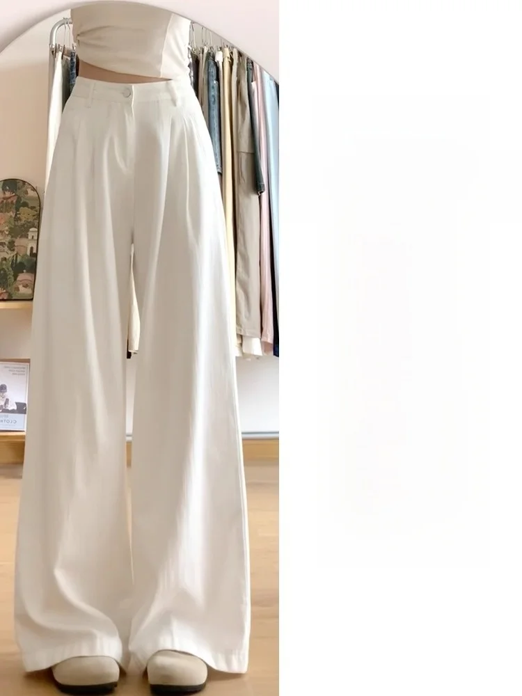 Witte wijde pijpen pakbroek dames zomer losse hoge taille rechte casual broek afslanken draperen comfortabel faionable