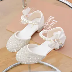 Rhinestones Princess Party Shoes Shiny Crystal Bow White Children High Heels Girls Sandals Summer Kids Student Performance Shoes