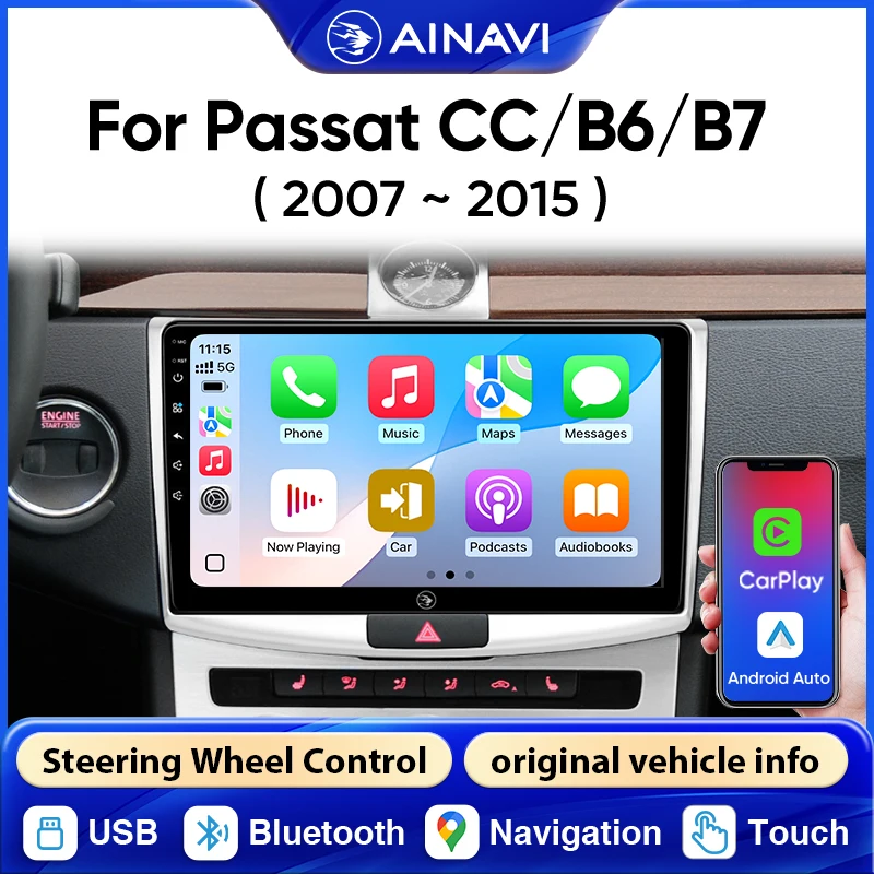 Autoradio Ainavi pour Volkswagen VW Passat B7 B6 CC, CarPlay sans fil, Android Auto, lecteur multimédia de voiture, autoradio stéréo 10 pouces