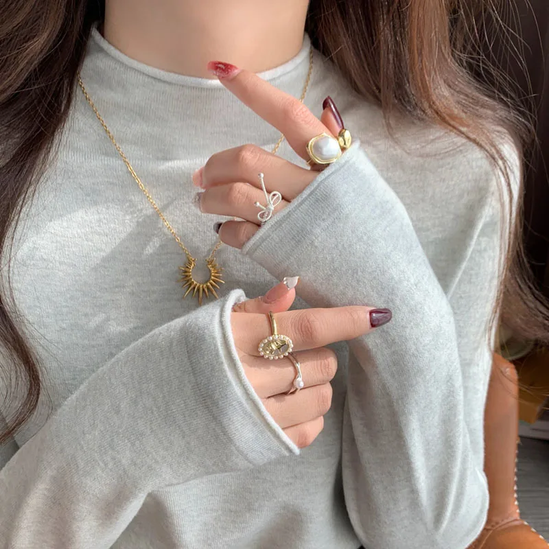 

Sweaters Long Sleeve White Black Knitted Sweater Women Pullovers New Mock Neck Knit Sweater Pullover Women Tops Knitwears Q2081