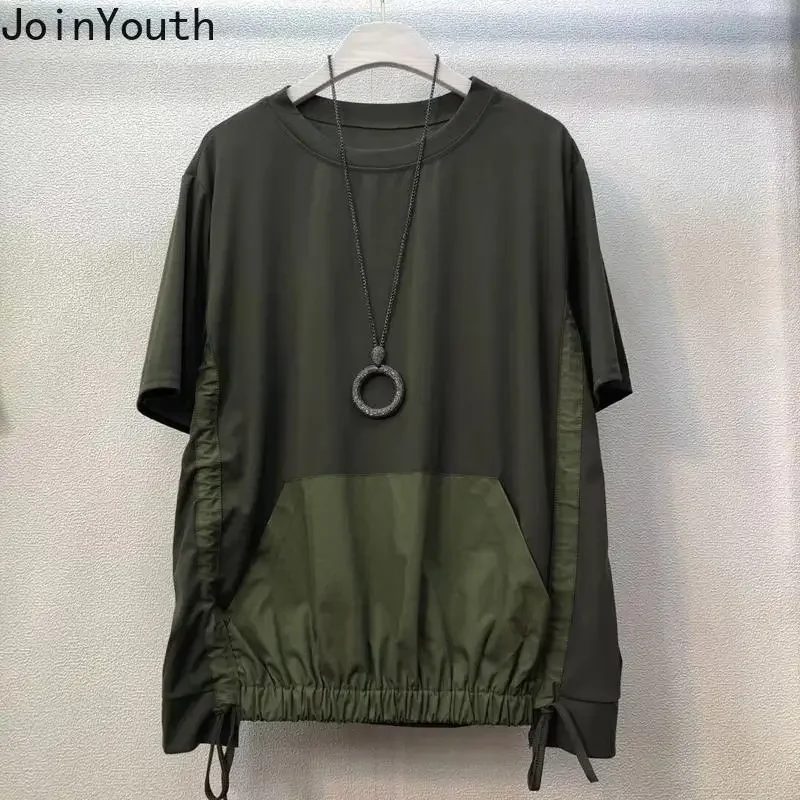 Summer Shirts for Women Patchwork Short Sleeve Tshirts Oversized Tops 2024 Ropa Mujer Pocket Drawstring Folds Vintage T Shirt