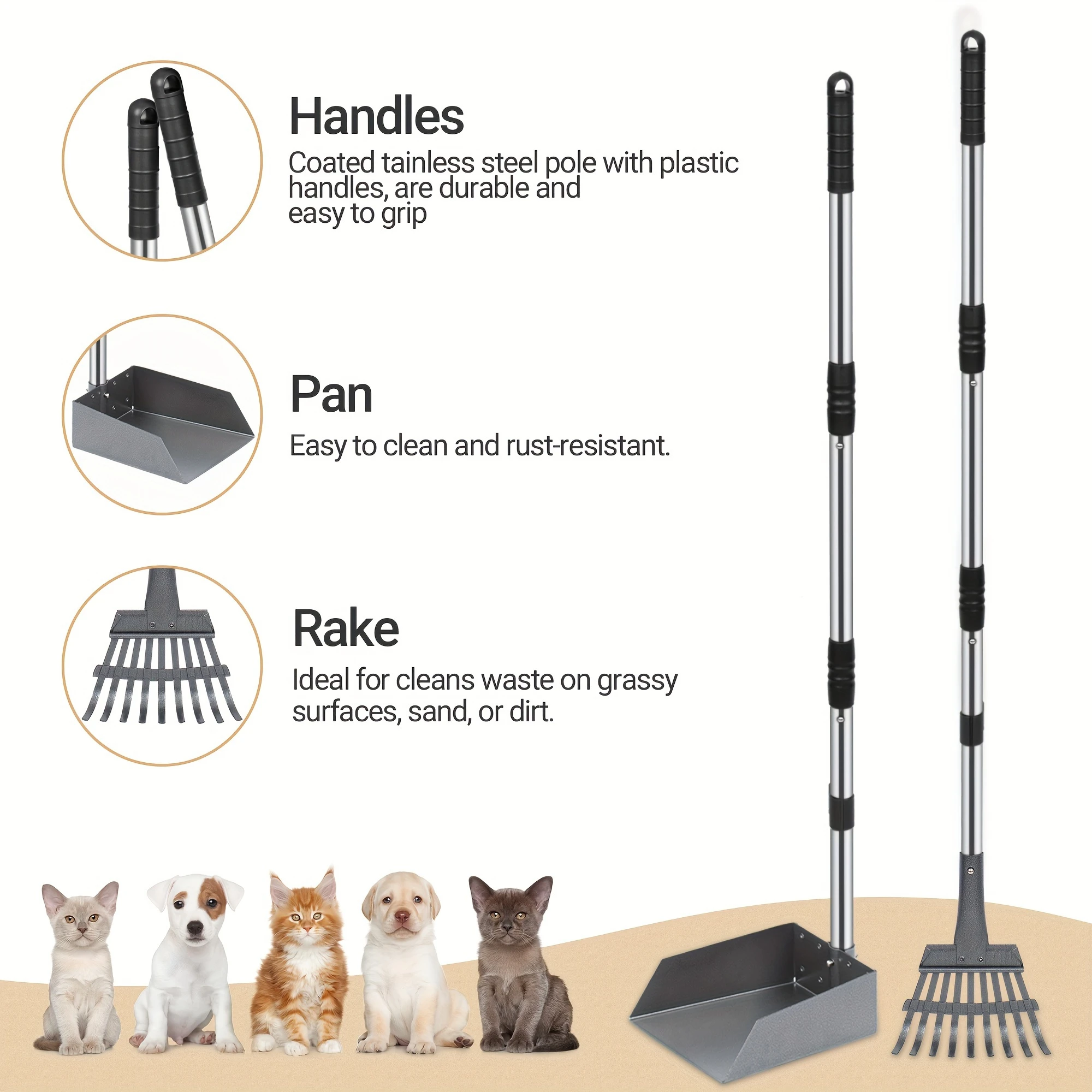Stainless steel toilet kit with rust proof tray and rake combination, adjustable handle, pet manure cleaning shovel, yard