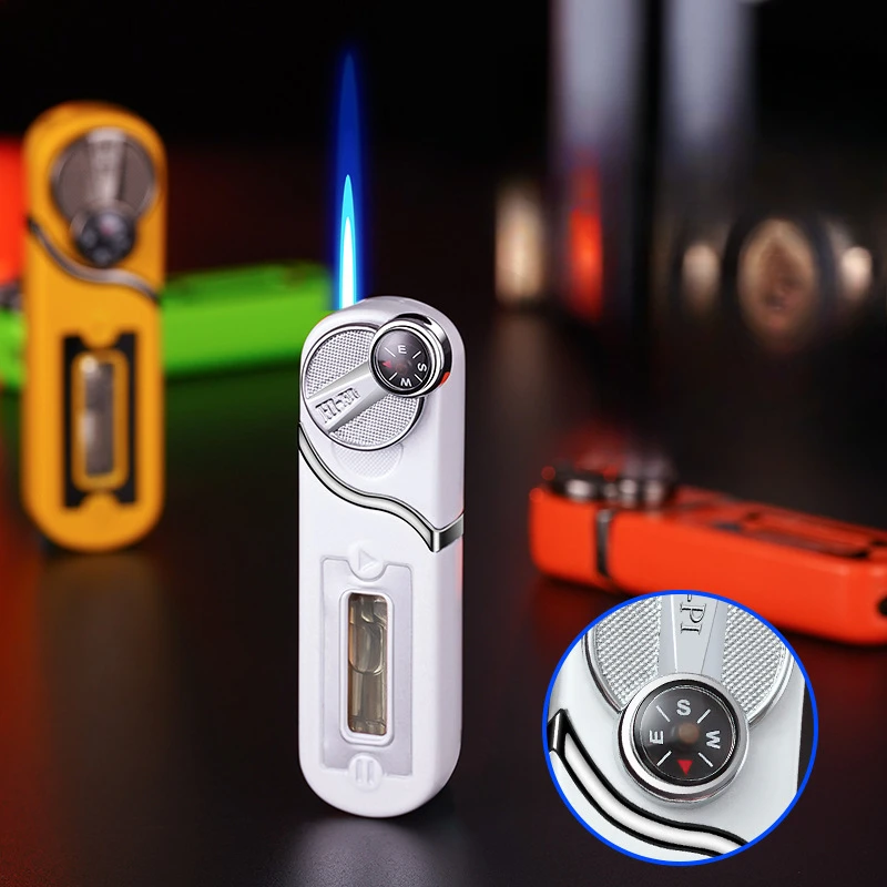 

Newest Outdoor Windproof Inflatable Compass Lighter Blue Flame Mini Portable Rocker Ignition Visible Gas Chamber Cute Lighter