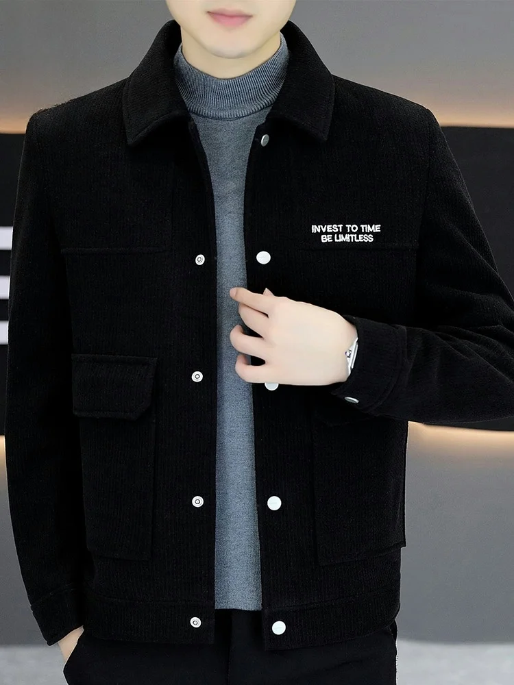 

Bla Flap Collar ort Men's Jaet Winter New Sle Trendy Woolen Coat Youth Vitali Polyester Fiber Single Button