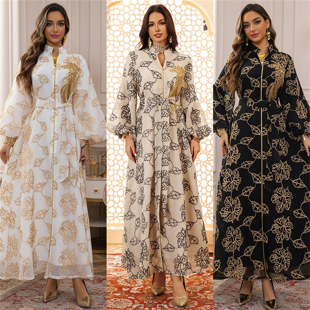 

Muslim Women Dress Abaya for Eid Party Dresses Beading Dubai Arab Long Robe Sashes Ramadan Islam Saudi