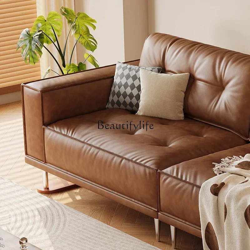 أريكة جلدية من الشمع الزيتي LJYretro شقة صغيرة فرنسية من القرون الوسطى أسفل أريكة من الخشب الصلب من الطبقة الأولى من جلد البقر المستقيم