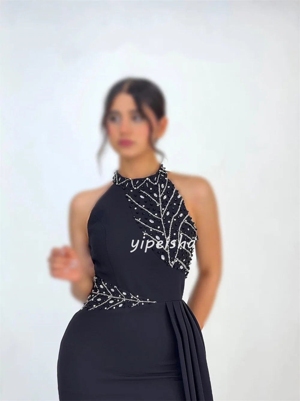 Customized High Quality Formal Jersey Rhinestone Beading Mermaid High Collar Long Dresses Bespoke Occasion Dresses Elegant Retro