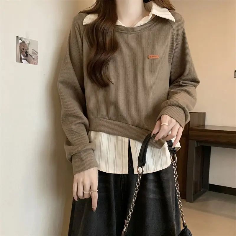 Women's Black Polo Neck Fake Layered Sweatshirt Spring Fall Irregular Striped Shirt Patchwork Regular Fit Top