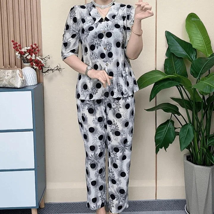 夏の新ファッション半袖ドールカラープリントツーピースセット中高年女性向け快適な通勤スタイルルーズフィット