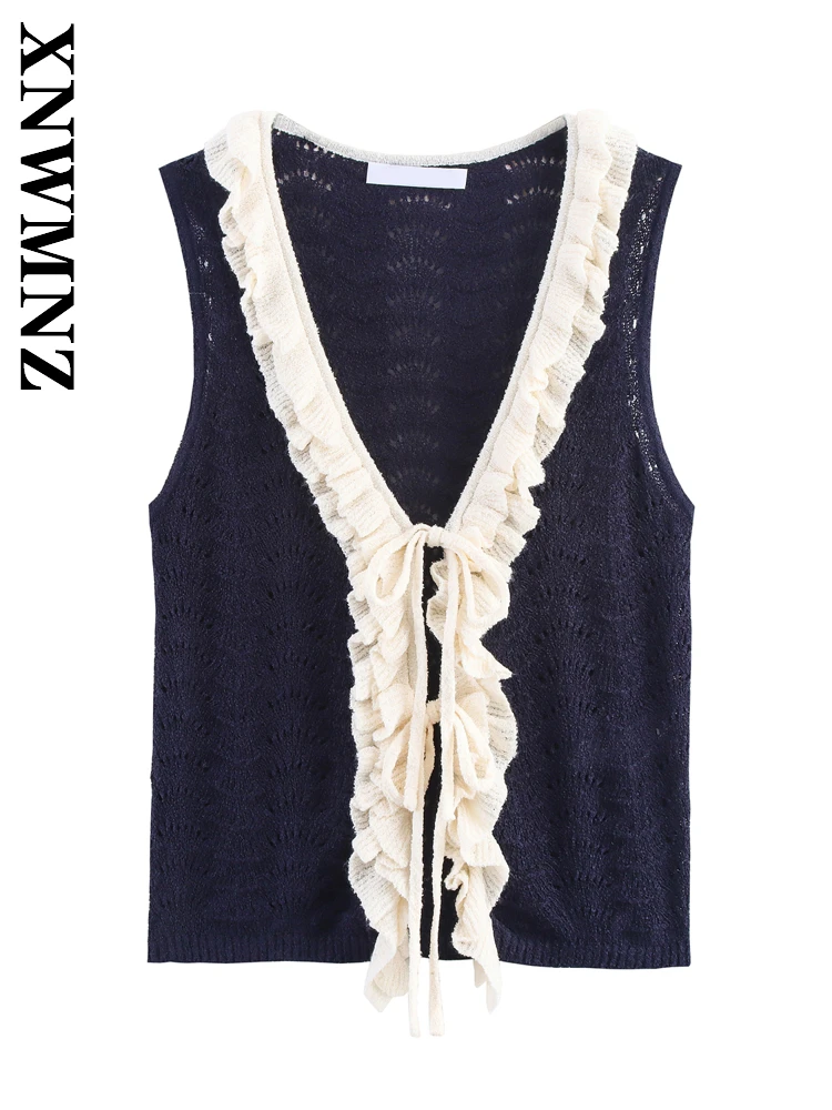 

XNWMNZ 2025 Summer New Product Women Clothing Casual Fashion V-Collar Sleeveless Tierred Vest Simple Chic Woman's Ruffle Top Tie