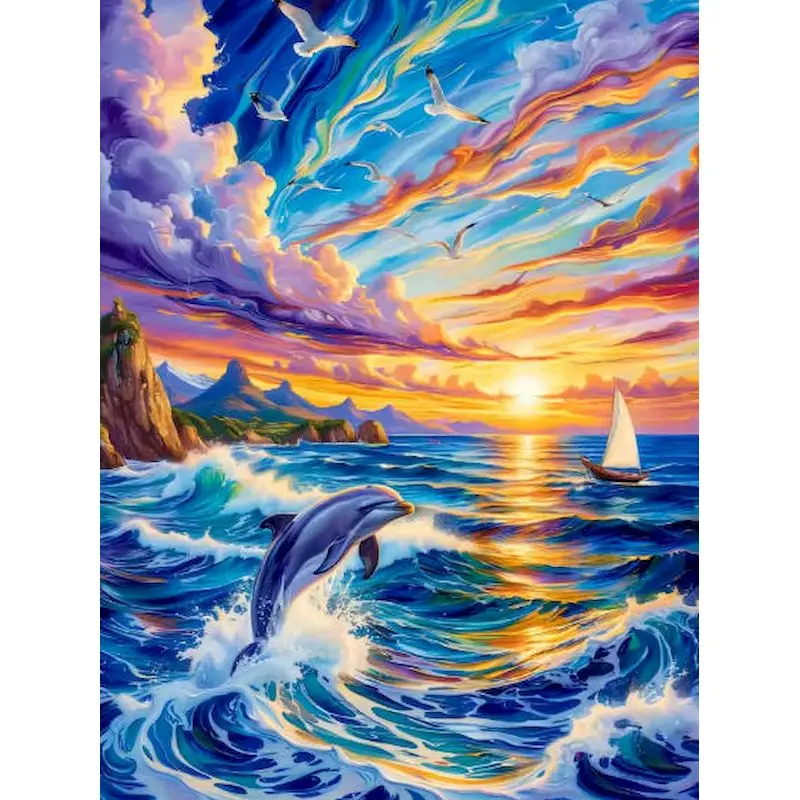 GATYZTORY DIY Pictures By Number Kits Seascape Jumping Dolphin Painting By Numbers Drawing On Canvas Hand Painted Paintings Home