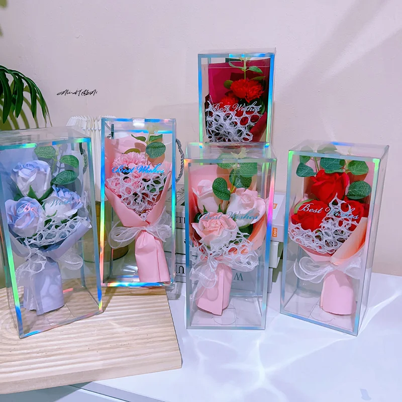 3Pcs Soap Flower Carnation Gift Box Eternal Rose Valentines Day Present Gifts Handmade Soap Rose Bouquet With Box Creative Gifts