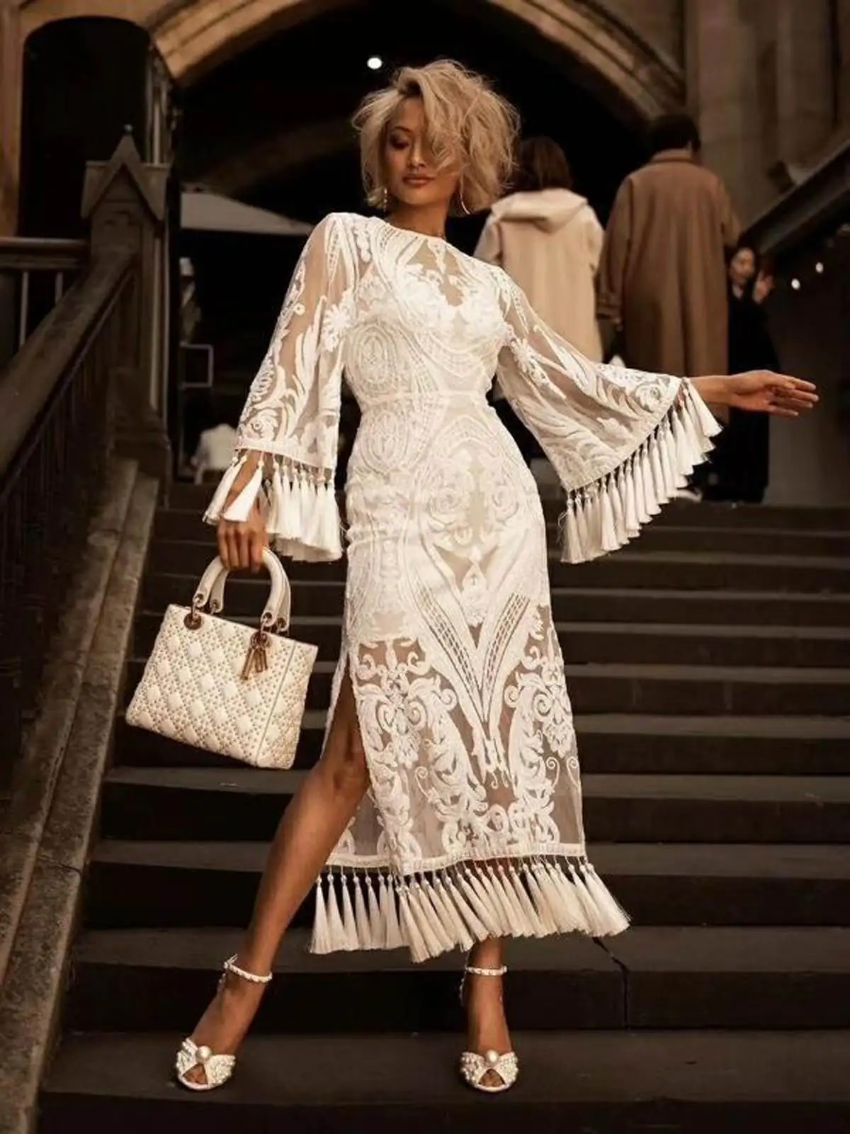 

Women's Lace Embroidered Fringe Trumpet Sve Evening Dr Par Cotail Two-Piece Set Ele Faionable Gown