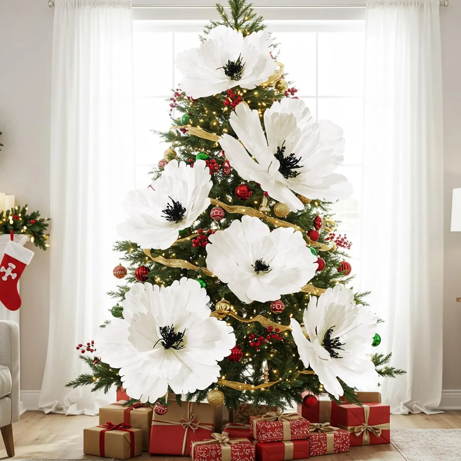 

6 шт. 22 дюйма, искусственные цветы белой магнолии для украшения рождественской елки и венка