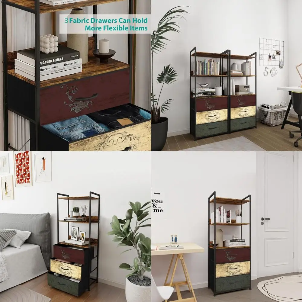 

Vertical 3-Drawer Wood Bookshelf with Metal Frame, Compact Storage Cabinet for Home and Office