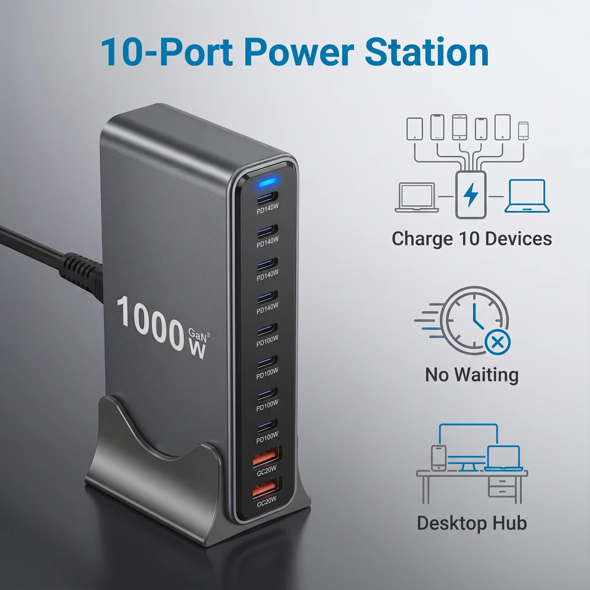 Hot 1000W 10-Port PD3.1 Desktop GaN Charger Fast Charging Station Adapters Multi-Device USB-C Hub for Laptop Phone Home Office