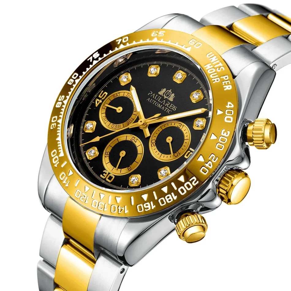 Automatic Watches Self Wind Mechanical Gold Black Stainless Steel Diamonds Stone Fashion Sports Luxury Men Watch