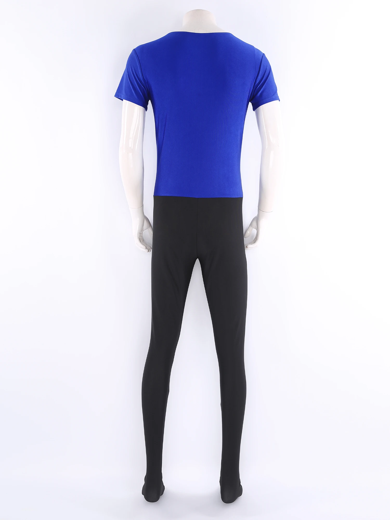 

Men Dance Ballet Gymnastic Unitards Jumpsuit V Neck Short Sleeve Contrast Color One Piece Leggings Full Bodysuit Dance Costume