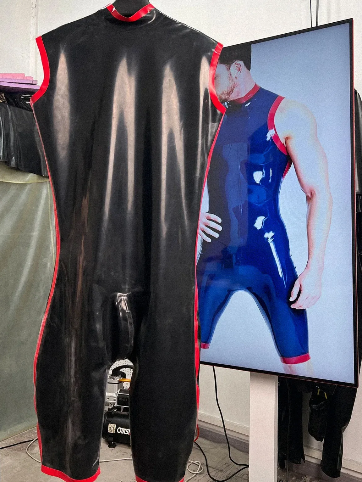 Shiny Sleeveless Jumpsuit Red Accent Edges Mock Neck Outfit