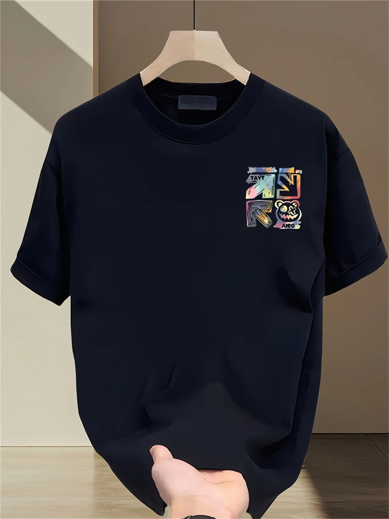 100% cotton men's casual loose T-shirt fashionable trendy brand pattern printed breathable round neck short sleeved top image 4