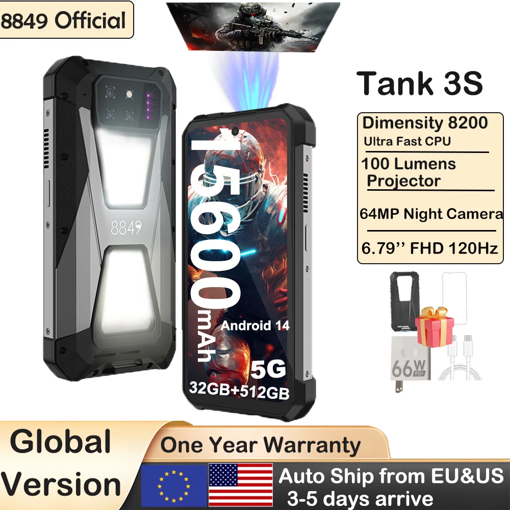 8849 Tank 3S Unihertz Rugged Smartphone with Projector 5G 12/16GB RAM 256/512GB ROM Dimensity 8200 64MP Night Vision Dual Sim